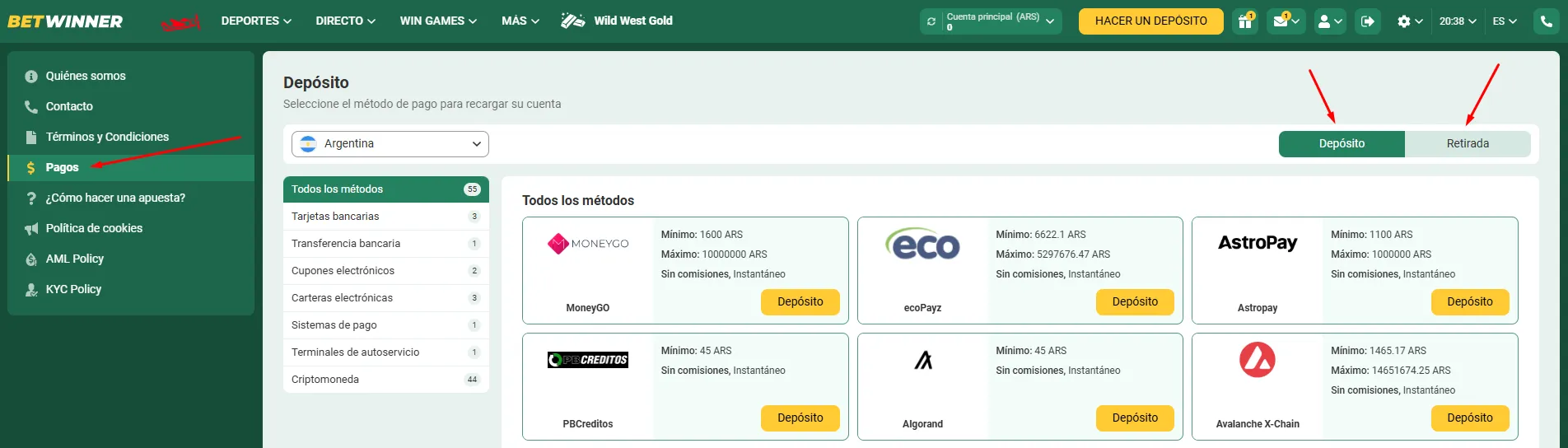Métodos de pago para depositar en Betwinner desde Ecuador